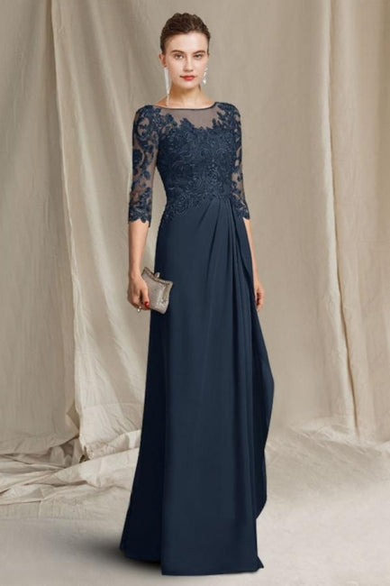 Elegante vestido de encaje para madre de la novia, escote redondo, media manga y apliques