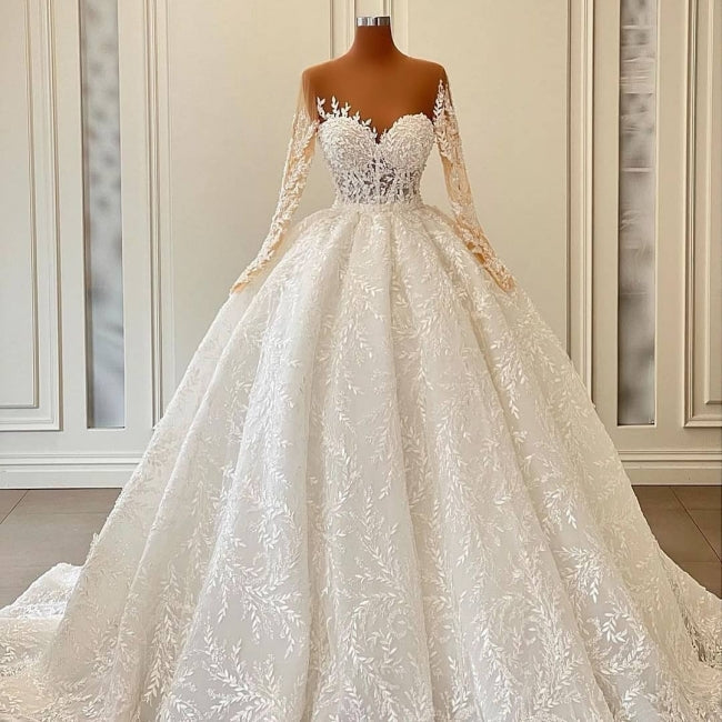 Lujosos vestidos de novia estilo princesa con encaje, manga larga y corte A