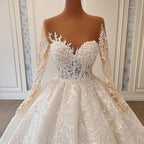 Lujosos vestidos de novia estilo princesa con encaje, manga larga y corte A