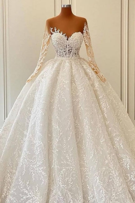 Lujosos vestidos de novia estilo princesa con encaje, manga larga y corte A