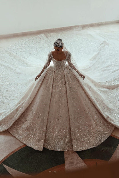 Luxurious A-line Long Sleeves Lace Wedding Dress With Train