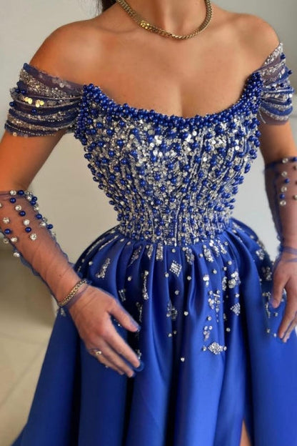 Luxuriöses ärmelloses A-Linien-Ballkleid aus Satin mit U-Ausschnitt und Schlitz vorne