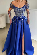 Luxuriöses ärmelloses A-Linien-Ballkleid aus Satin mit U-Ausschnitt und Schlitz vorne