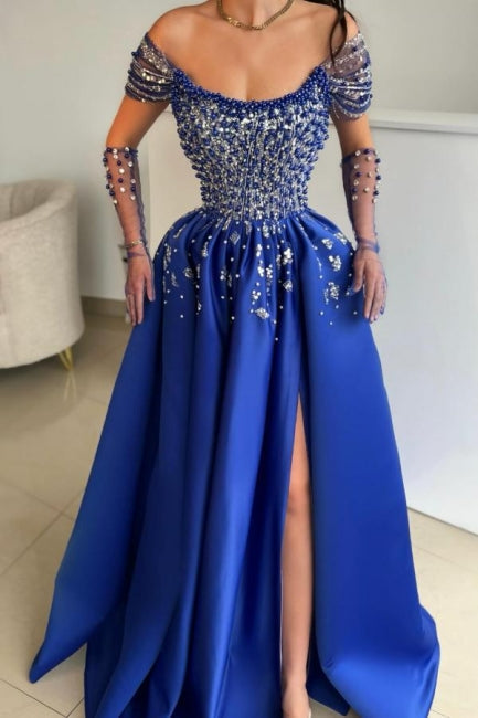 Luxuriöses ärmelloses A-Linien-Ballkleid aus Satin mit U-Ausschnitt und Schlitz vorne