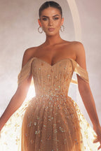 Luxuriöses langes, schulterfreies, ärmelloses Ballkleid aus Tüll mit Perlenbesatz in A-Linie