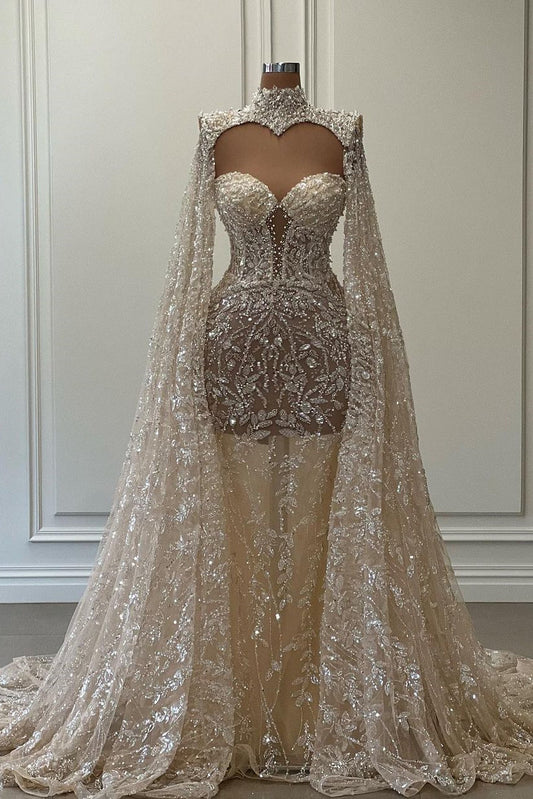 Luxuriöses langes Meerjungfrau-Ballkleid mit hohem Halsausschnitt und Glitzerspitze und Ärmeln