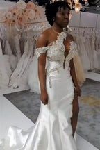 Luxurious Long Mermaid One Shoulder Satin Beading Wedding Dress With Detachable Train