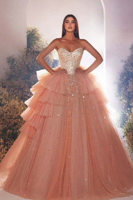 Luxuriöses langes rosa A-Linien-Prinzessinnen-Ballkleid mit Perlenbesatz, Tüll und Perlen