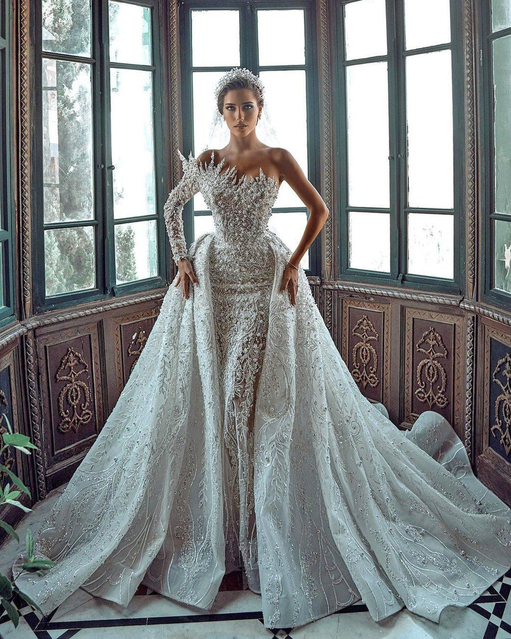 Luxurious Long White One Shoulder A-line Beading Pearls Long Sleeve Weeding Dress With Train