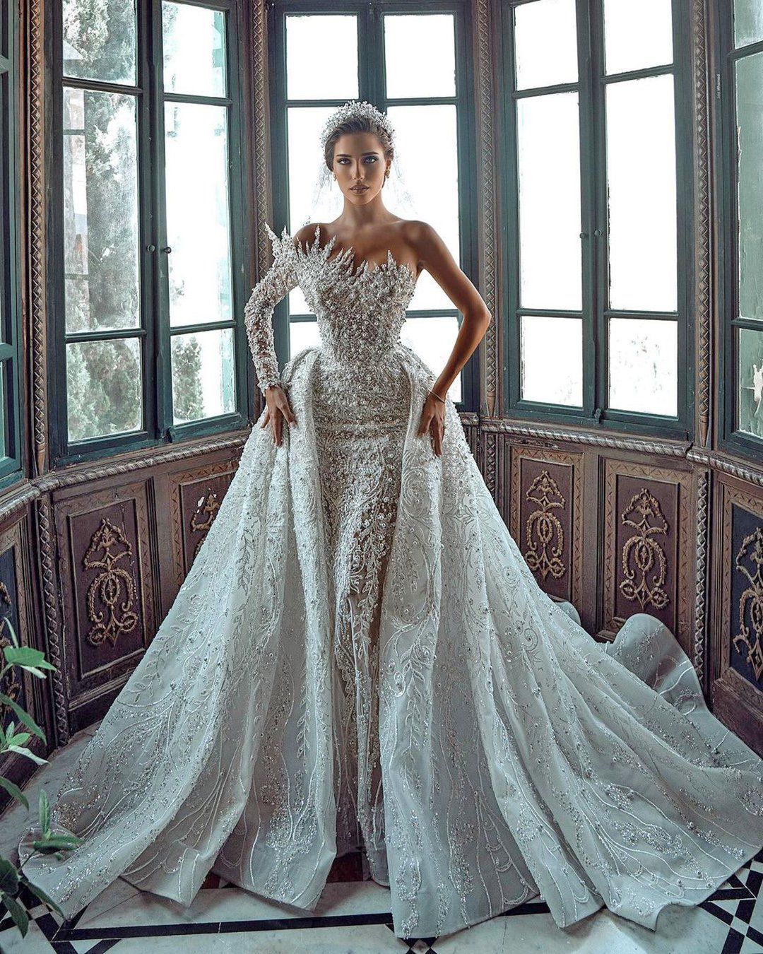 Luxurious Long White One Shoulder A-line Beading Pearls Long Sleeve Weeding Dress With Train