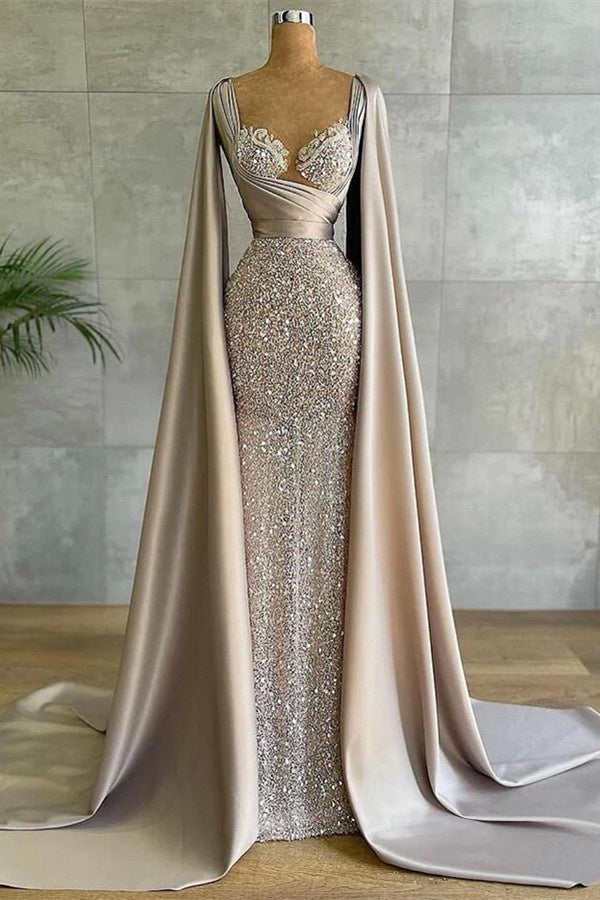 Luxuriöses langes Meerjungfrauen-Abendkleid mit Cape-Ärmeln