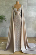 Luxuriöses langes Meerjungfrauen-Abendkleid mit Cape-Ärmeln