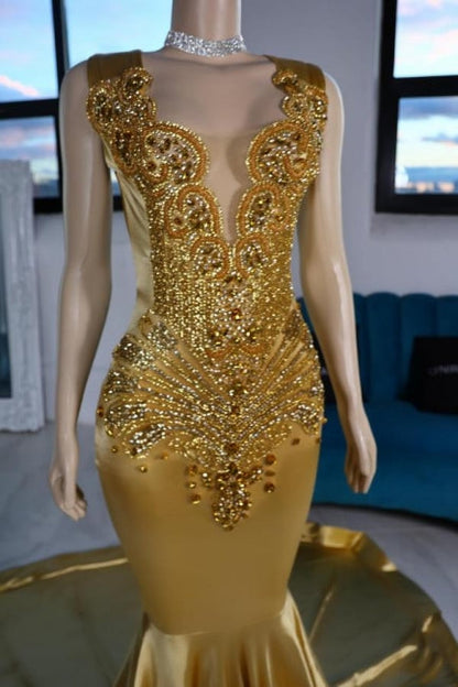 Luxuriöse Meerjungfrau Satin V-Ausschnitt Ärmellos Gelb Ballkleider Mit Perlen