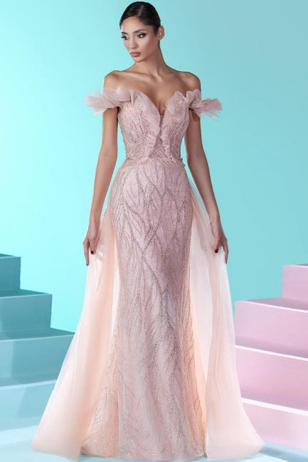 Luxuriöses, schulterfreies, langes Meerjungfrau-Ballkleid aus Spitze mit Glitzer in Rosa