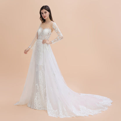 Luxury Beaded Lace Mermaid Wedding Dresses Tulle Appliques Bride Dresses with Detachable Train
