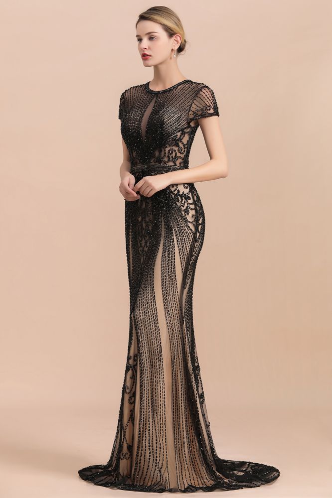 Luxuriöses schwarzes Meerjungfrau-Abschlussballkleid mit Flügelärmeln und Perlenbesatz