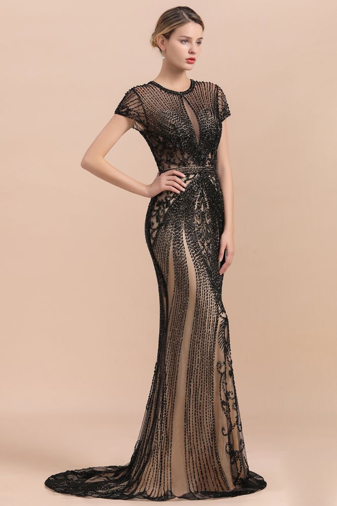 Luxury Black Covered Beaded Mermaid Prom Dress Cap Sleeves Party Dress