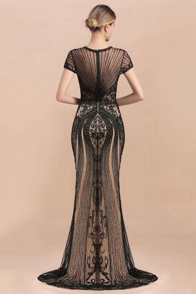Luxuriöses schwarzes Meerjungfrau-Abschlussballkleid mit Flügelärmeln und Perlenbesatz