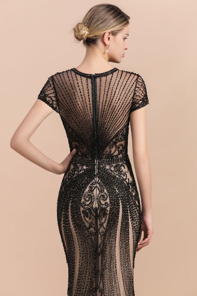 Luxury Black Covered Beaded Mermaid Prom Dress Cap Sleeves Party Dress