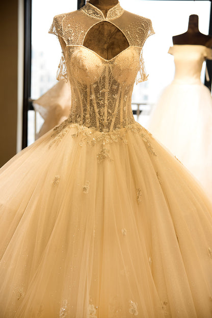 Luxury Illusion Neck Lace-up Tulle Ball Gown Wedding Dress Modest Ivory Sparkle Bridal Gowns
