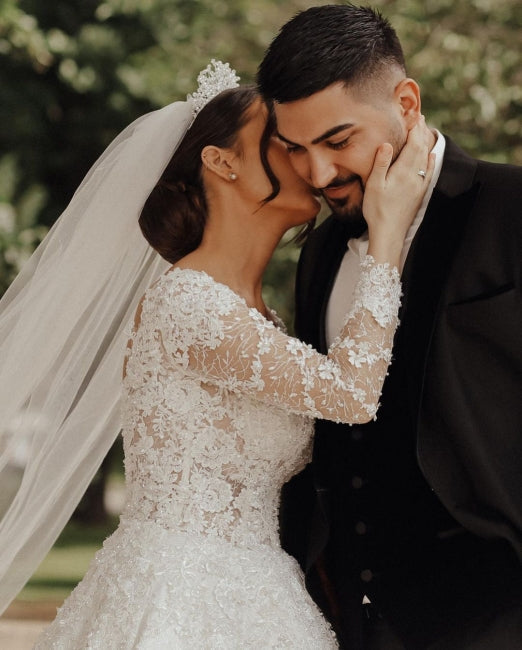 Vestidos de novia de encaje de lujo | Vestidos de novia de corte A con mangas