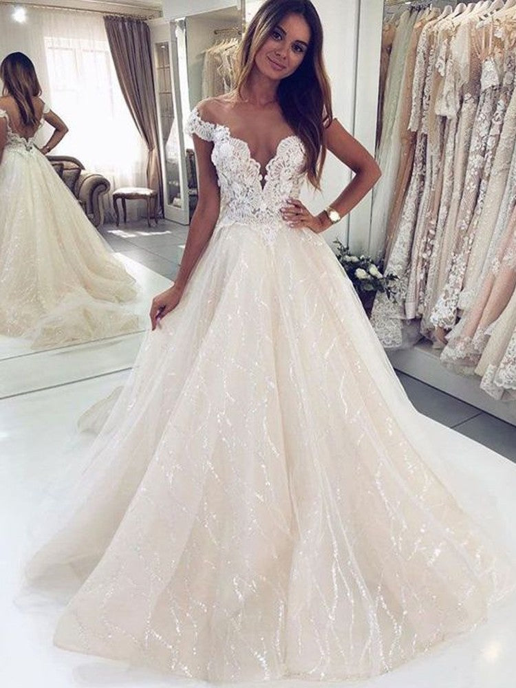 Luxuriöses langes A-Linien-Brautkleid aus Tüll mit schulterfreiem Rücken und Glitzer