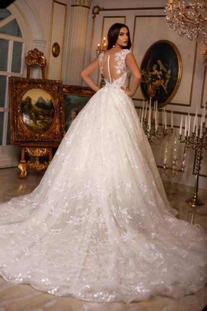 Luxury Long A-line Sweetheart Tulle Lace Open Back Wedding Dresses
