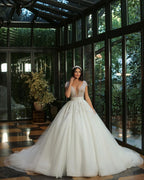 Vestido de novia largo de lujo con escote en V, tul brillante y cuentas, con mangas casquillo
