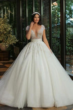 Vestido de novia largo de lujo con escote en V, tul brillante y cuentas, con mangas casquillo