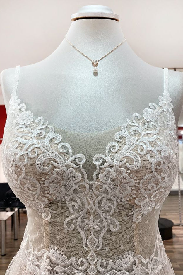 Vestido de novia de lujo largo de corte A con escote en V, tul, espalda abierta y encaje