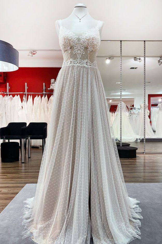 Vestido de novia de lujo largo de corte A con escote en V, tul, espalda abierta y encaje