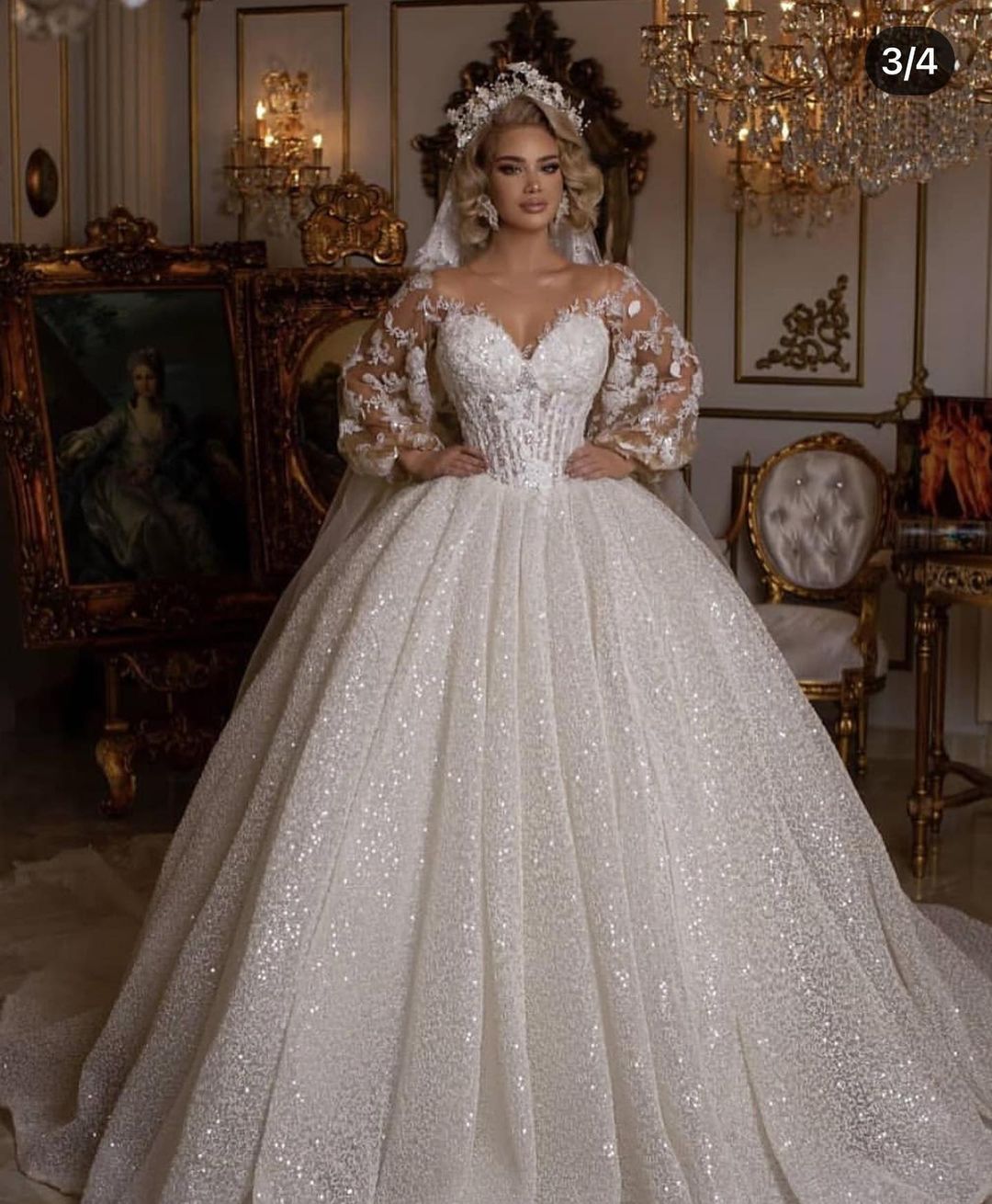 Vestido de novia largo de lujo con purpurina y mangas abullonadas