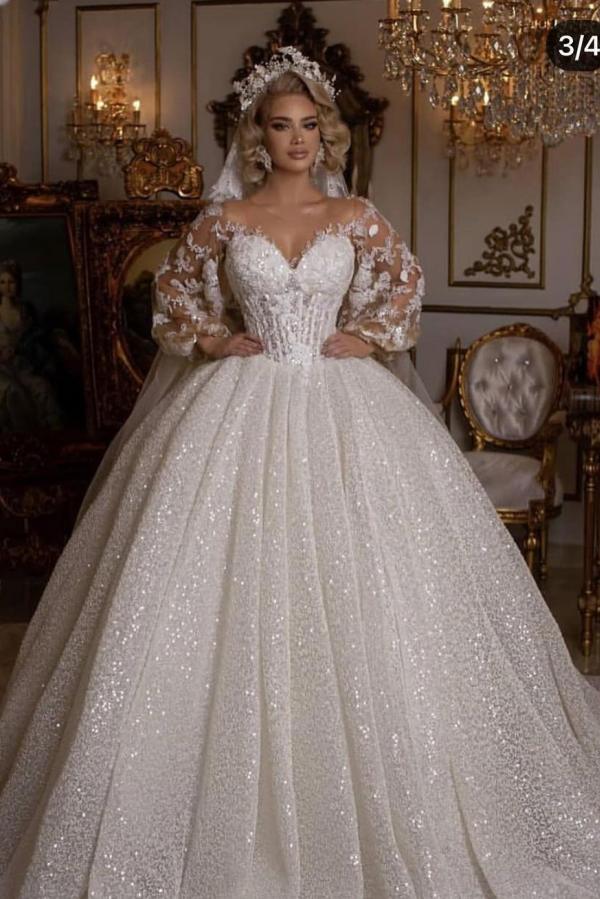 Vestido de novia largo de lujo con purpurina y mangas abullonadas