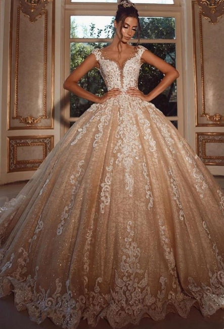 Luxuriöse lange Glitzer-Brautkleider im Prinzessinnenstil mit Spitze 