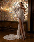 Vestido de fiesta de lujo de sirena largo con un hombro descubierto y lentejuelas