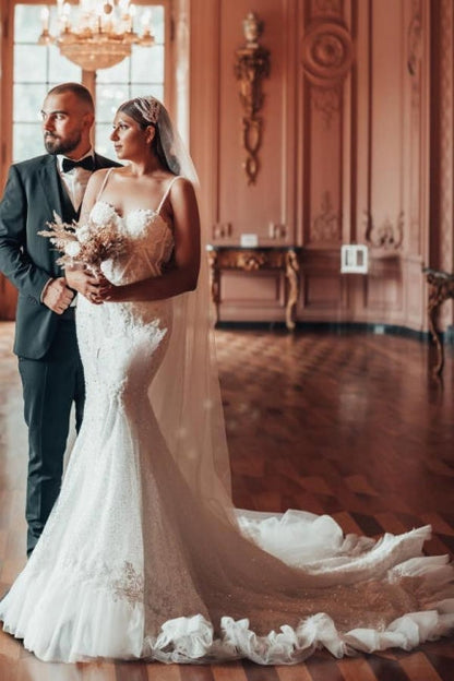 Luxury Long Mermaid Spaghetti Straps Glitter Wedding Dresses With Lace