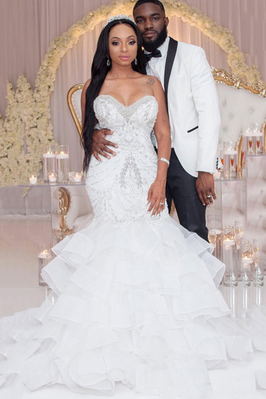 Luxury Long Mermaid Sweetheart Strapless Ruffles Beaded Crystal Wedding Dress