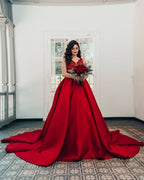 Vestidos de novia de lujo de satén princesa largo con escote en V y encaje