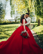 Vestidos de novia de lujo de satén princesa largo con escote en V y encaje