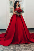 Vestidos de novia de lujo de satén princesa largo con escote en V y encaje