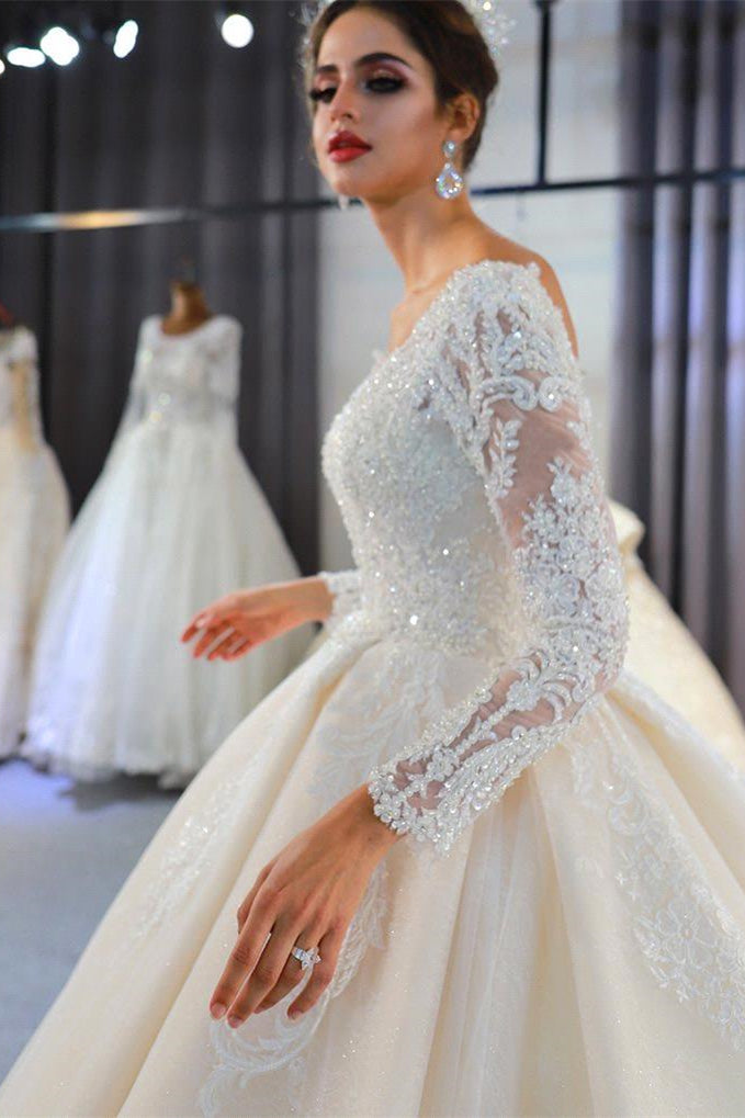 Luxuriöses Brautkleid im Prinzessinnen-Stil mit langen Ärmeln, tiefem V-Ausschnitt und Ballkleid für den Garten 