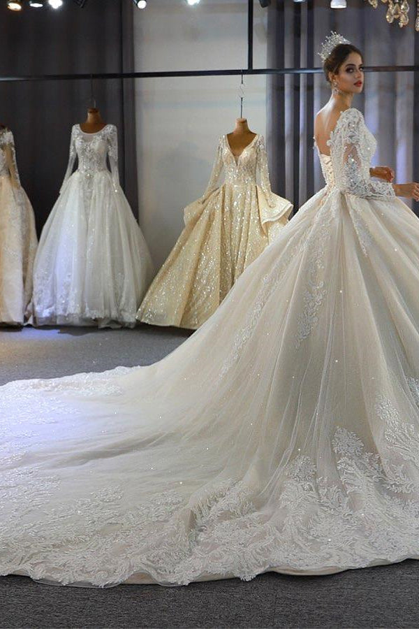Luxuriöses Brautkleid im Prinzessinnen-Stil mit langen Ärmeln, tiefem V-Ausschnitt und Ballkleid für den Garten 