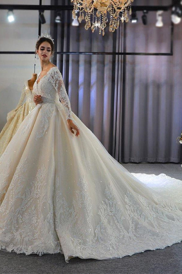 Luxuriöses Brautkleid im Prinzessinnen-Stil mit langen Ärmeln, tiefem V-Ausschnitt und Ballkleid für den Garten 