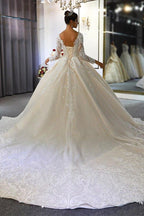 Luxuriöses Brautkleid im Prinzessinnen-Stil mit langen Ärmeln, tiefem V-Ausschnitt und Ballkleid für den Garten 