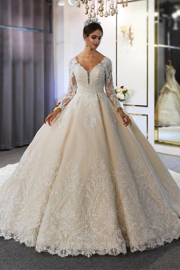 Luxuriöses Brautkleid im Prinzessinnen-Stil mit langen Ärmeln, tiefem V-Ausschnitt und Ballkleid für den Garten 