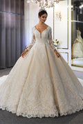 Luxuriöses Brautkleid im Prinzessinnen-Stil mit langen Ärmeln, tiefem V-Ausschnitt und Ballkleid für den Garten 