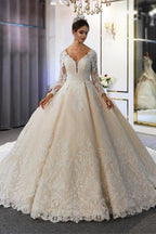 Luxuriöses Brautkleid im Prinzessinnen-Stil mit langen Ärmeln, tiefem V-Ausschnitt und Ballkleid für den Garten 