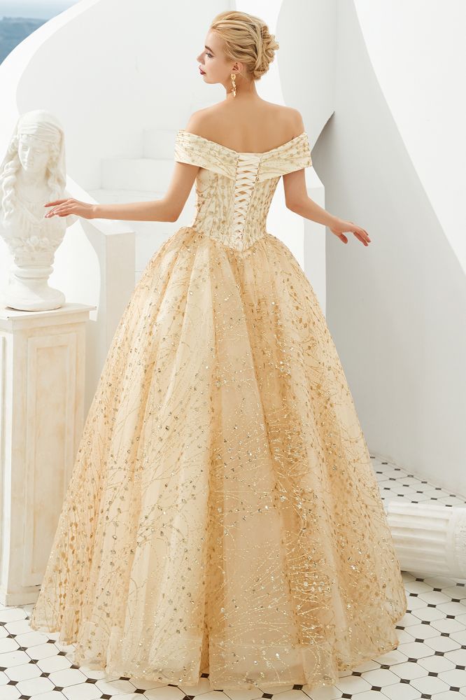 Vestido de fiesta de princesa de lujo con hombros descubiertos de tul y lentejuelas para niñas