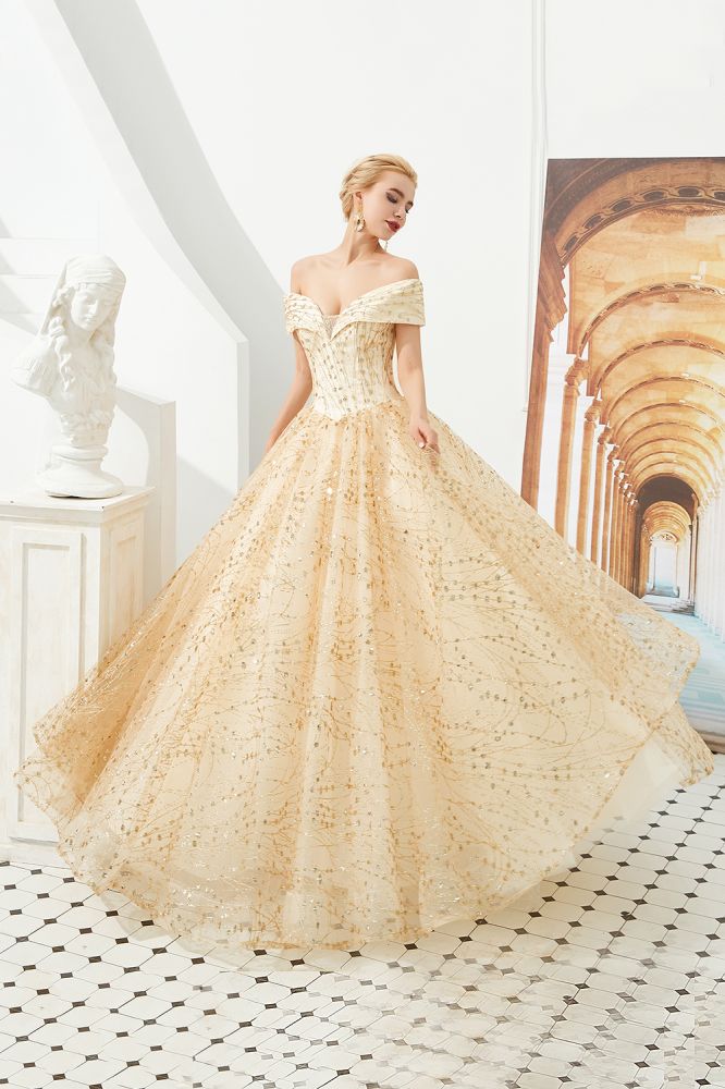 Vestido de fiesta de princesa de lujo con hombros descubiertos de tul y lentejuelas para niñas