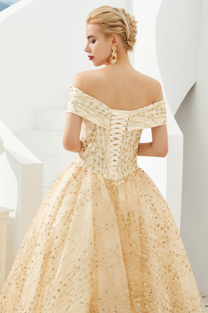 Vestido de fiesta de princesa de lujo con hombros descubiertos de tul y lentejuelas para niñas